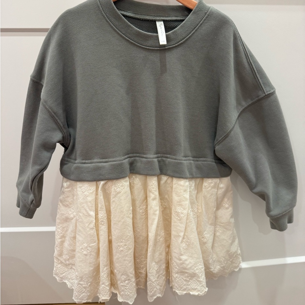 Rylee + Cru Olive Green Sweatshirt Dress with Cream Embroidered Skirt